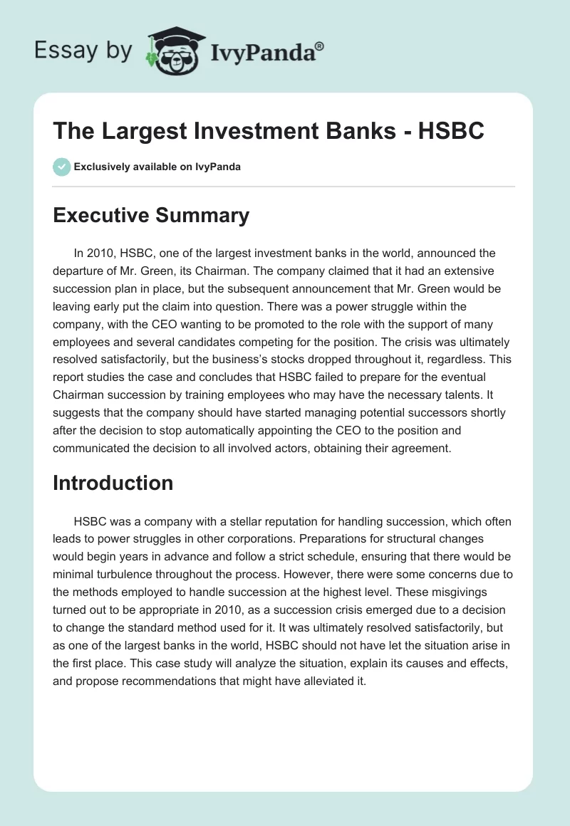 The Largest Investment Banks - HSBC. Page 1