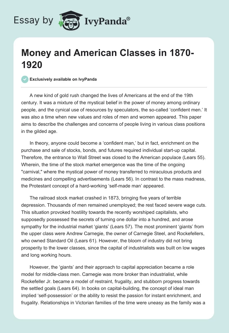 Money and American Classes in 1870-1920. Page 1
