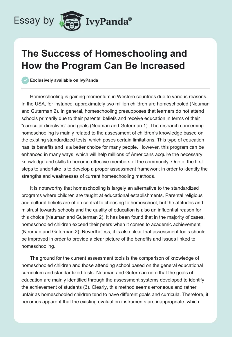 The Success of Homeschooling and How the Program Can Be Increased. Page 1