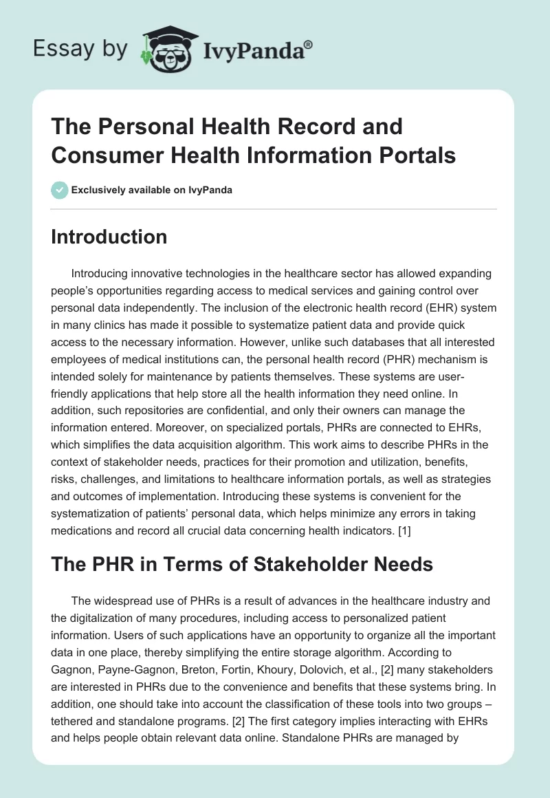 The Personal Health Record and Consumer Health Information Portals. Page 1