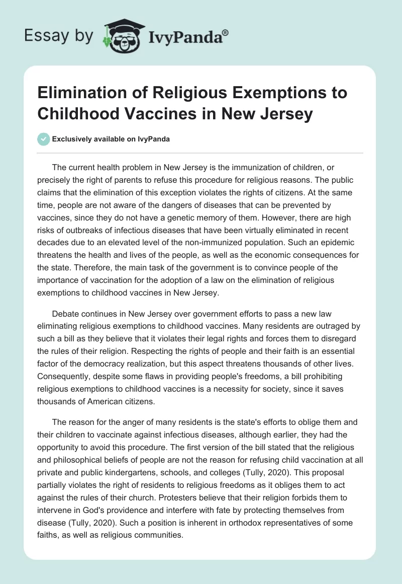 Elimination of Religious Exemptions to Childhood Vaccines in New Jersey. Page 1