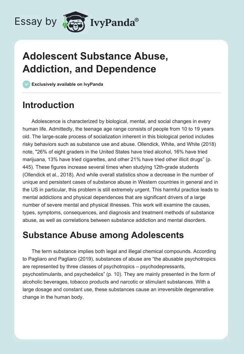 Adolescent Substance Abuse, Addiction, and Dependence. Page 1