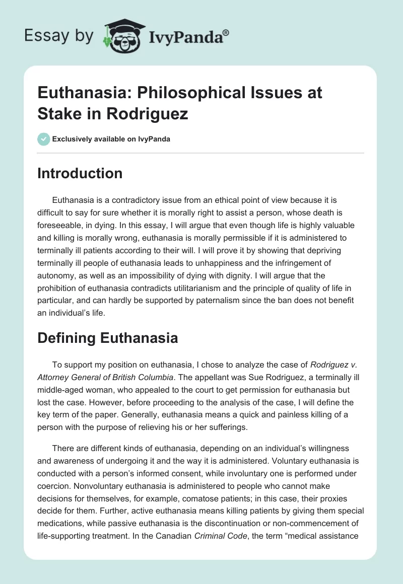 Euthanasia: Philosophical Issues at Stake in Rodriguez. Page 1