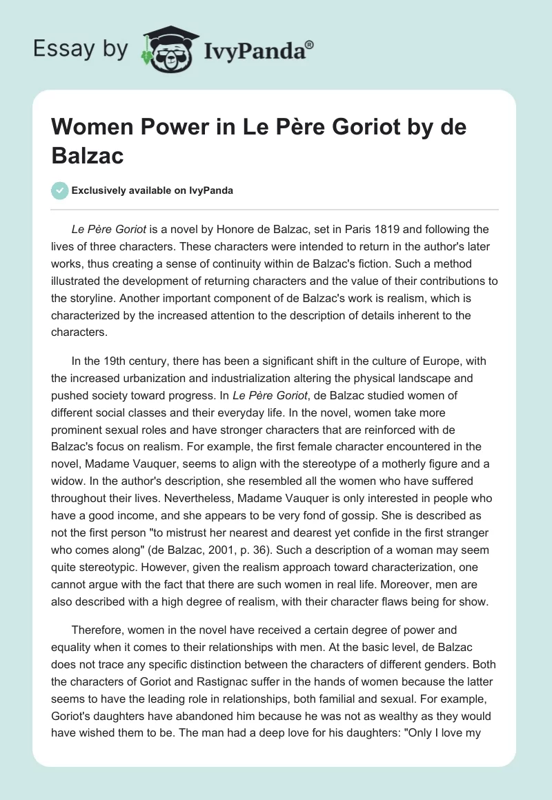 Women Power in "Le Père Goriot" by de Balzac. Page 1