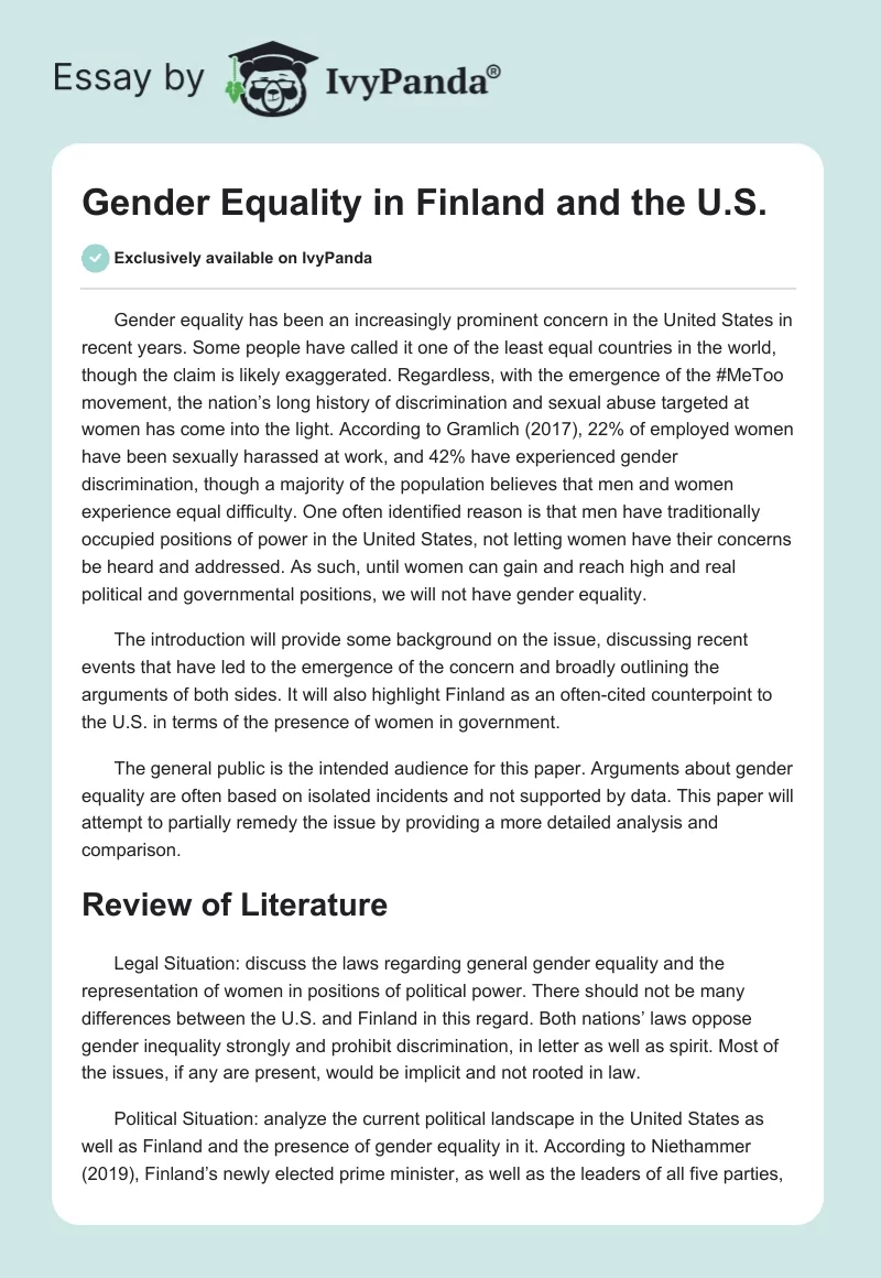 Gender Equality in Finland and the U.S.. Page 1