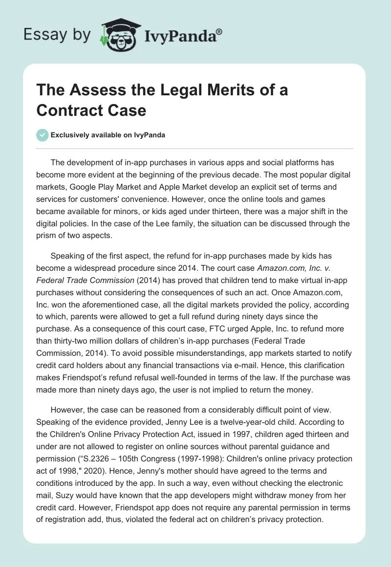 The Assess the Legal Merits of a Contract Case. Page 1