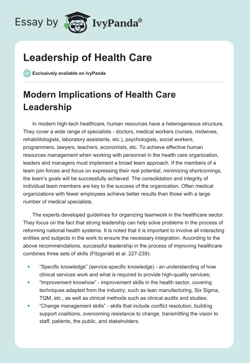 Leadership of Health Care. Page 1