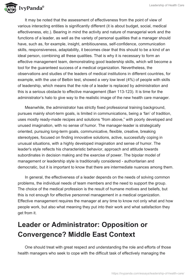 Leadership of Health Care. Page 2