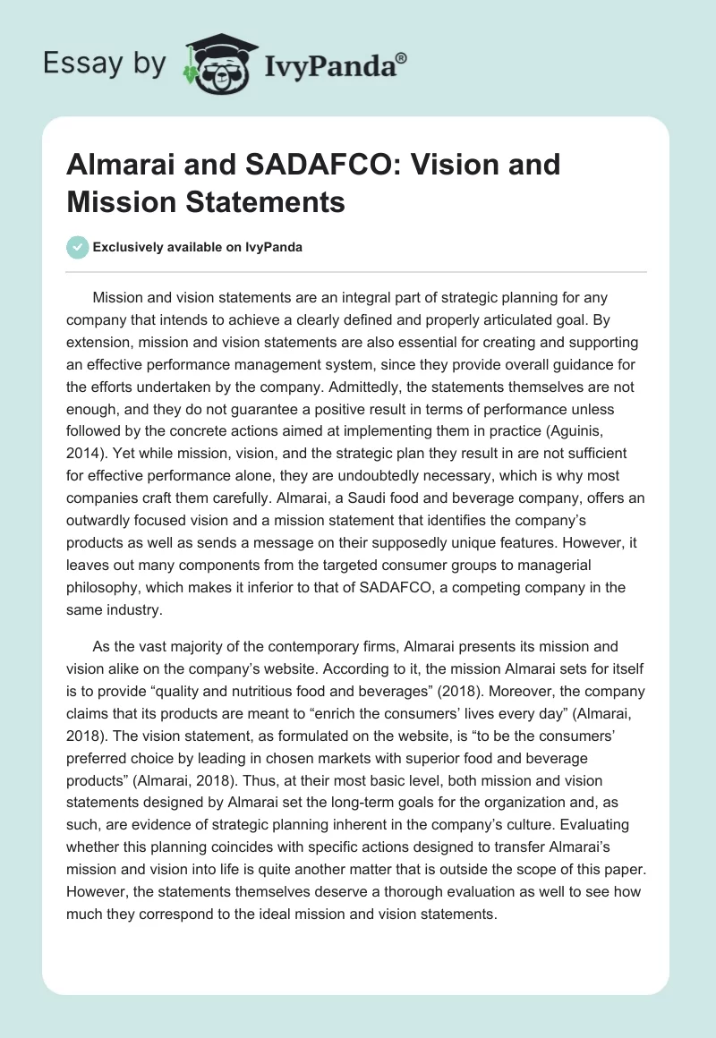 Almarai and SADAFCO: Vision and Mission Statements. Page 1