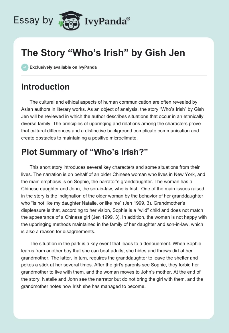 The Story “Who’s Irish” by Gish Jen. Page 1