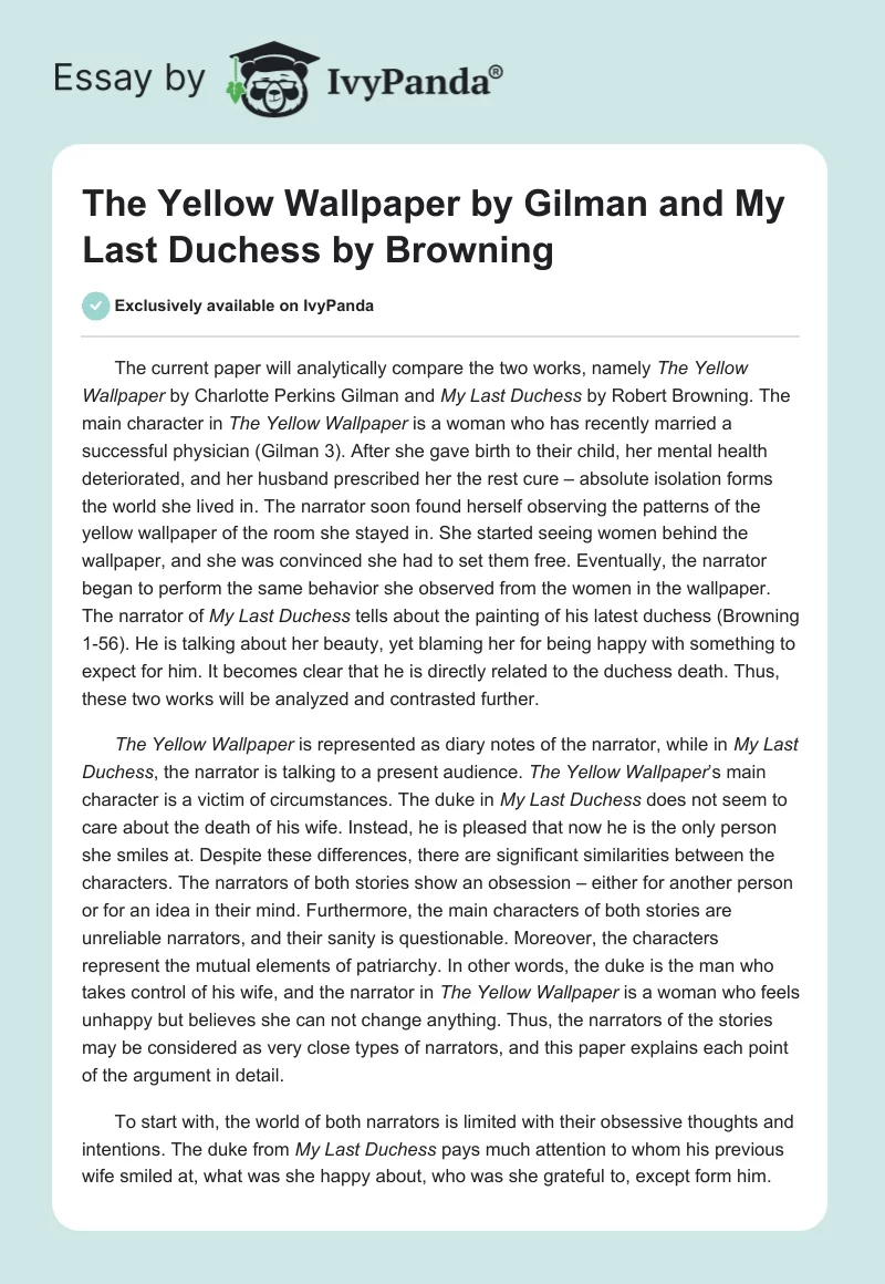 "The Yellow Wallpaper" by Gilman and "My Last Duchess" by Browning. Page 1