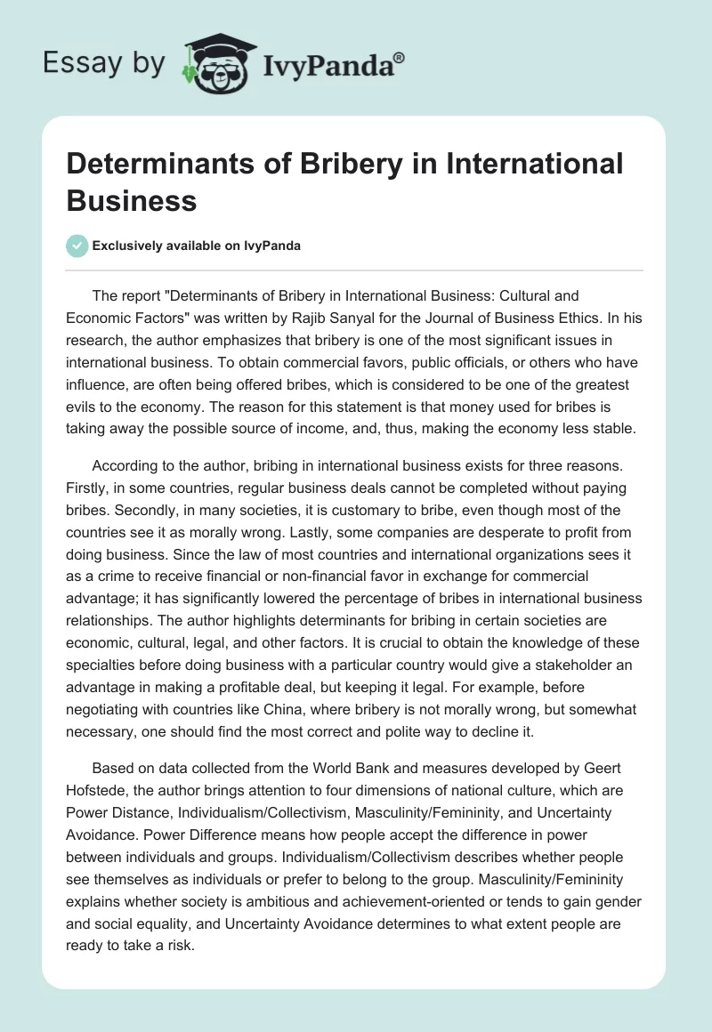 Determinants of Bribery in International Business. Page 1