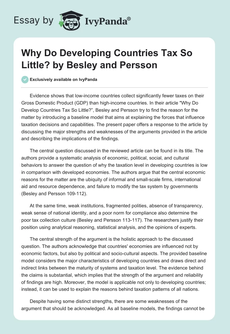 "Why Do Developing Countries Tax So Little?" by Besley and Persson. Page 1