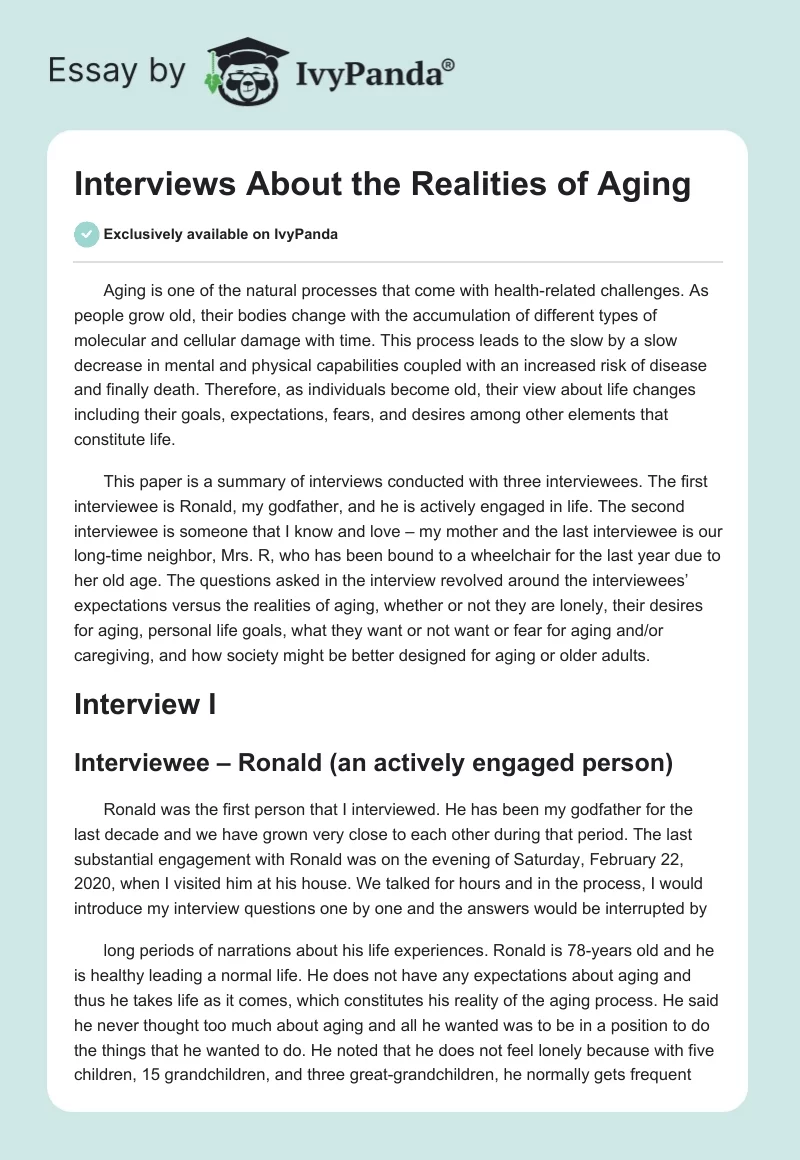 Interviews About the Realities of Aging. Page 1