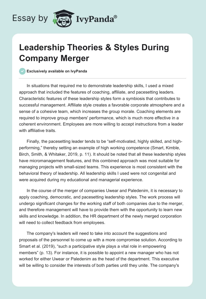 Leadership Theories & Styles During Company Merger. Page 1