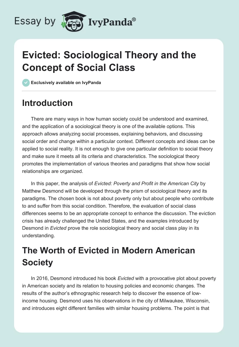 Evicted: Sociological Theory and the Concept of Social Class. Page 1