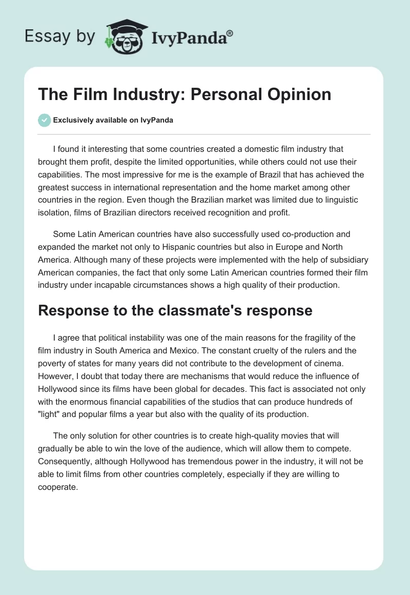 The Film Industry: Personal Opinion. Page 1