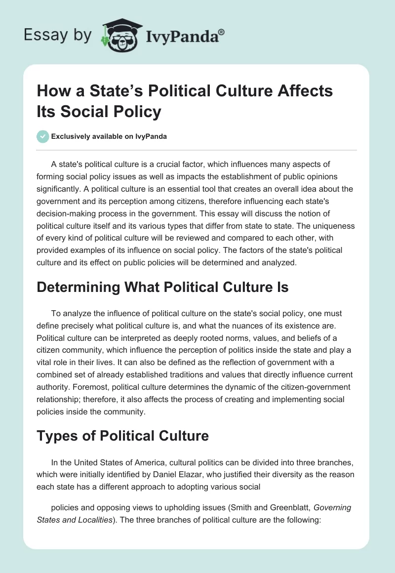 How a State’s Political Culture Affects Its Social Policy. Page 1
