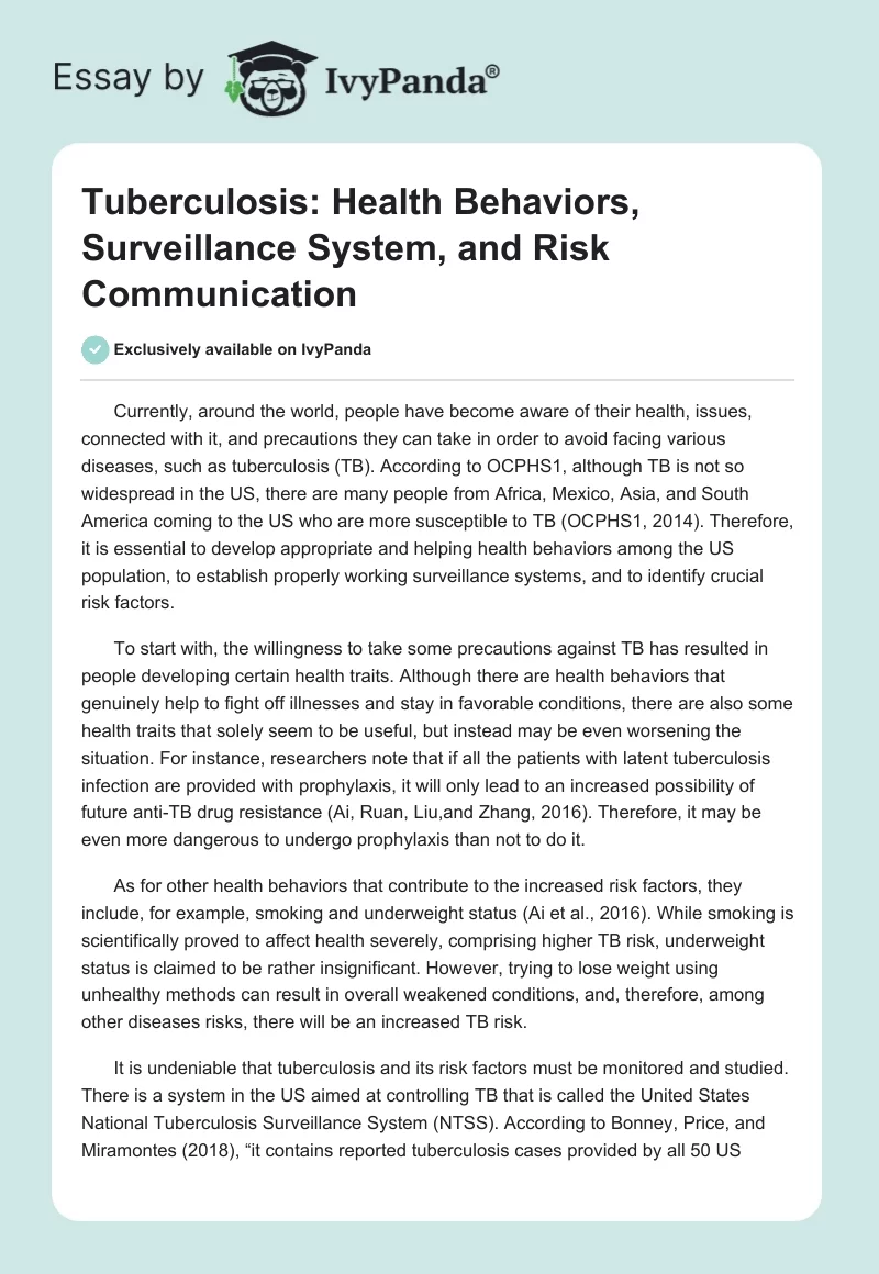 Tuberculosis: Health Behaviors, Surveillance System, and Risk Communication. Page 1