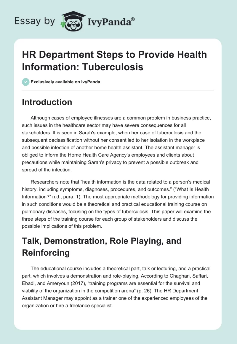 HR Department Steps to Provide Health Information: Tuberculosis. Page 1