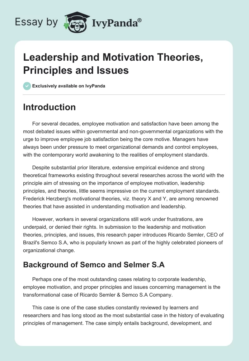 Leadership and Motivation Theories, Principles and Issues. Page 1
