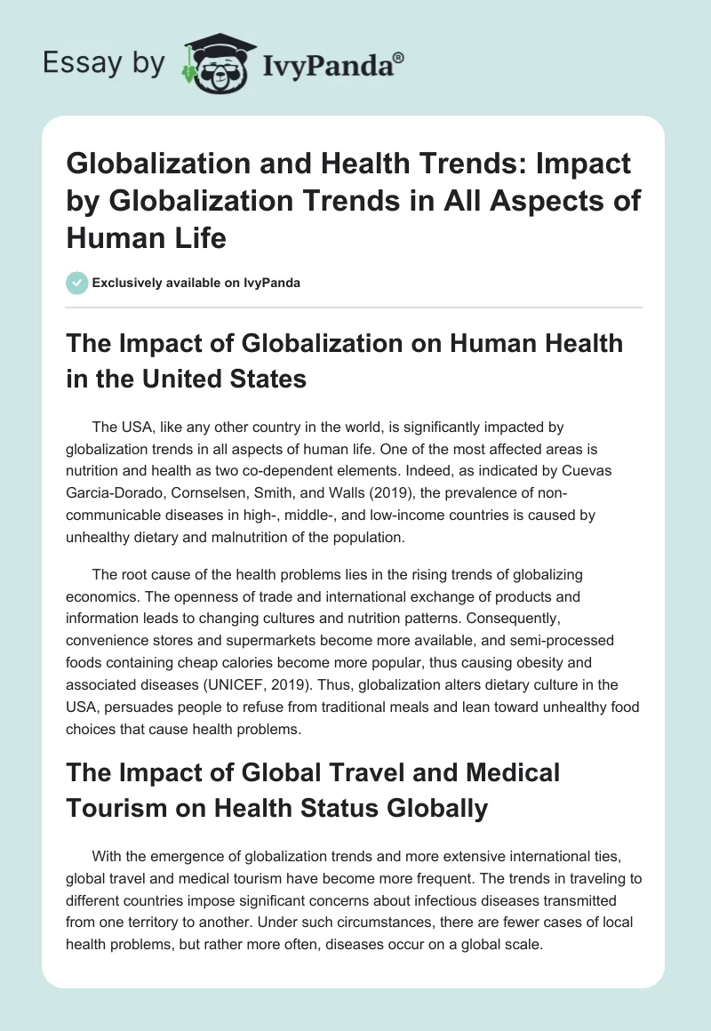 Globalization and Health Trends: Impact by Globalization Trends in All Aspects of Human Life. Page 1