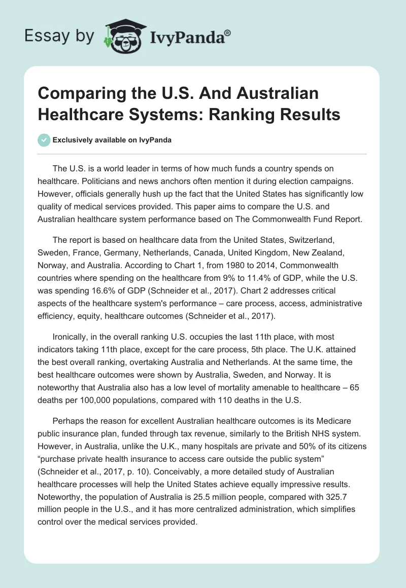 Comparing the U.S. And Australian Healthcare Systems: Ranking Results. Page 1