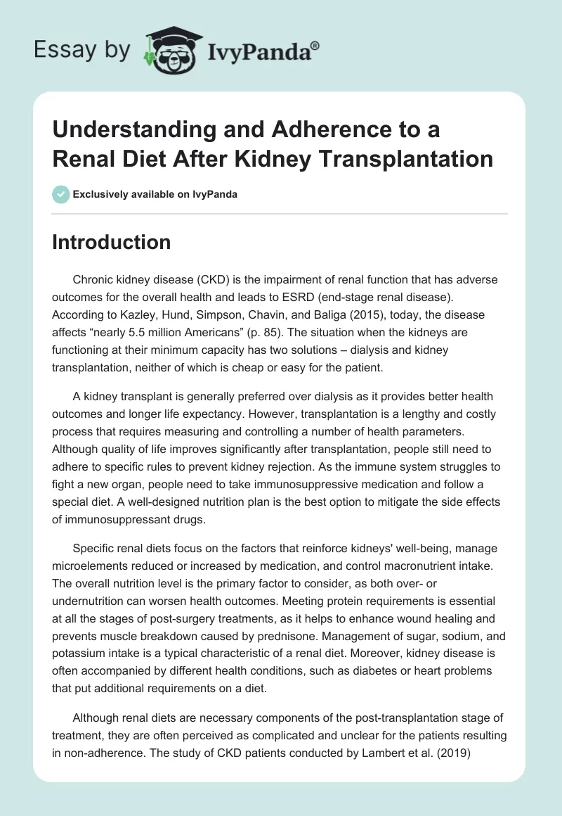 Understanding and Adherence to a Renal Diet After Kidney Transplantation. Page 1