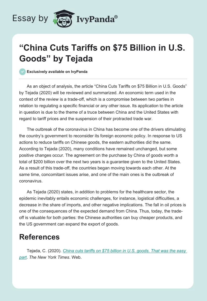 “China Cuts Tariffs on $75 Billion in U.S. Goods” by Tejada. Page 1