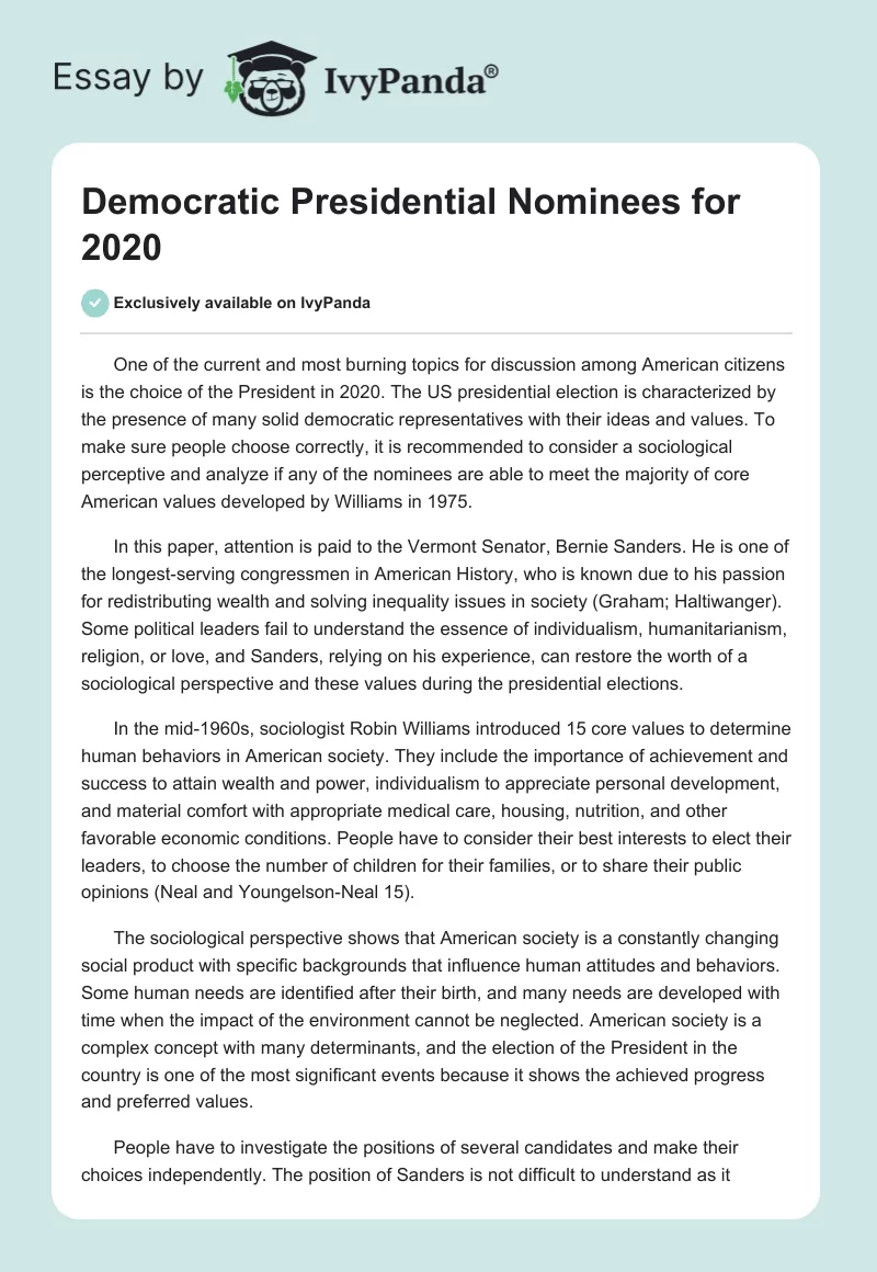 Democratic Presidential Nominees for 2020. Page 1