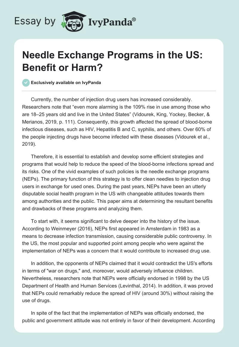 Needle Exchange Programs in the US: Benefit or Harm?. Page 1
