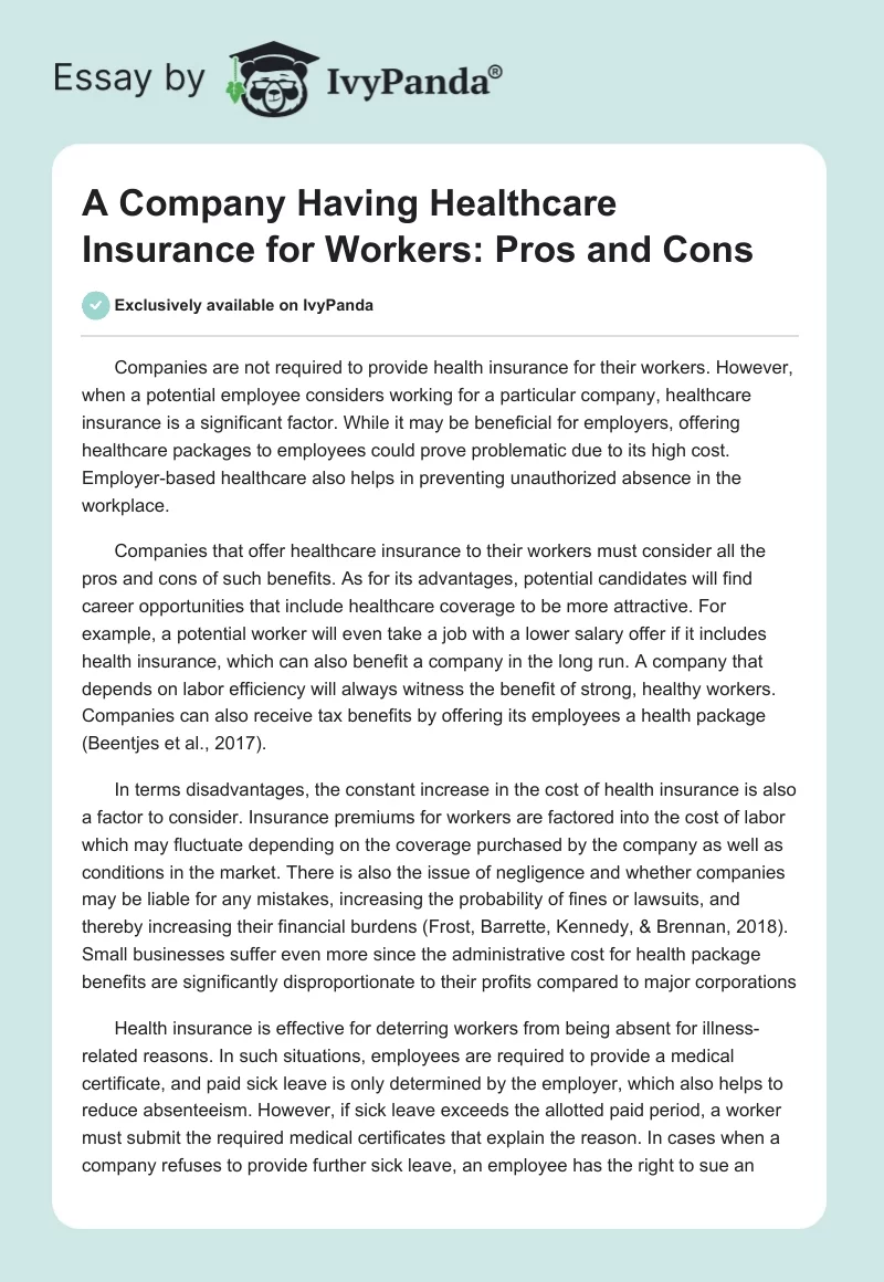A Company Having Healthcare Insurance for Workers: Pros and Cons. Page 1