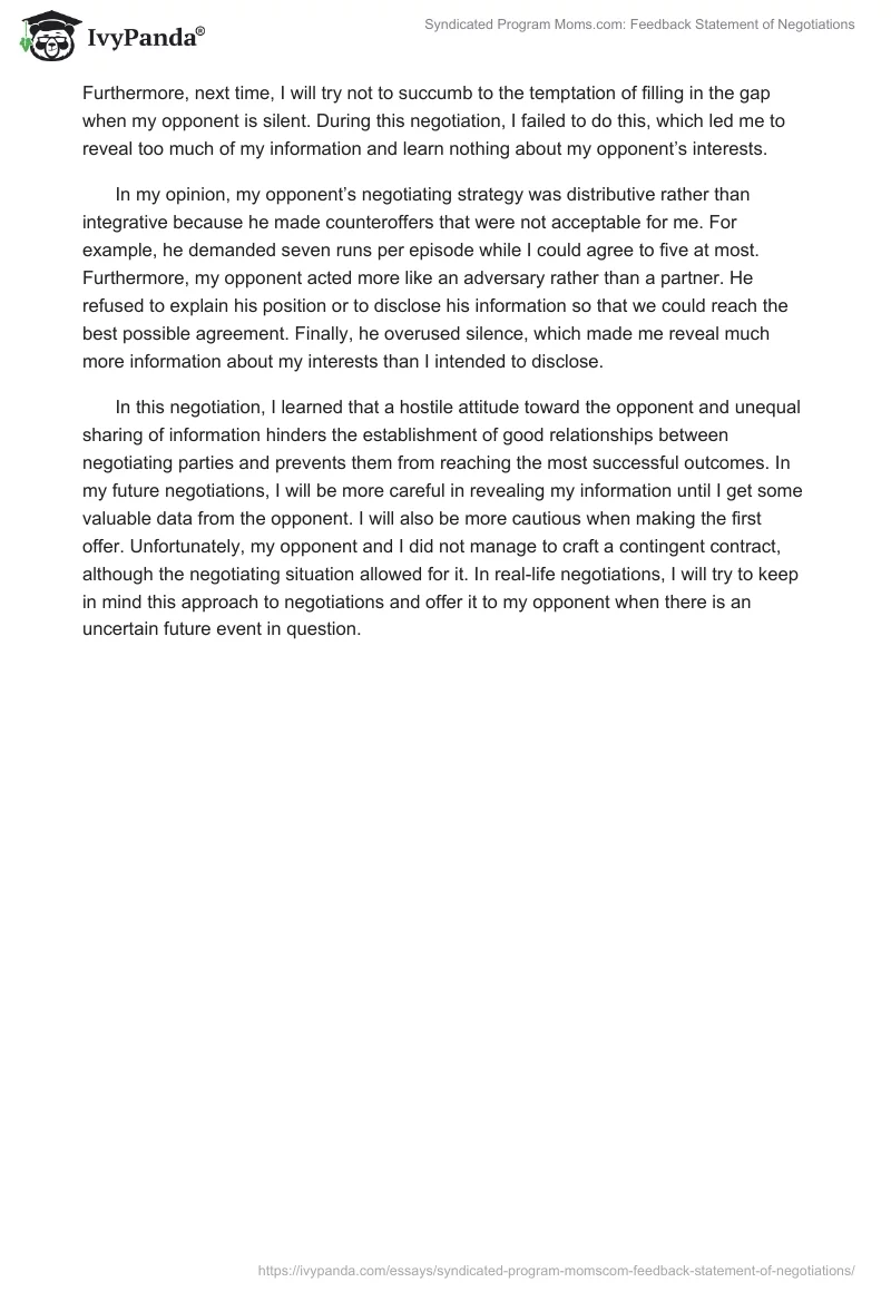Syndicated Program Moms.com: Feedback Statement of Negotiations. Page 2
