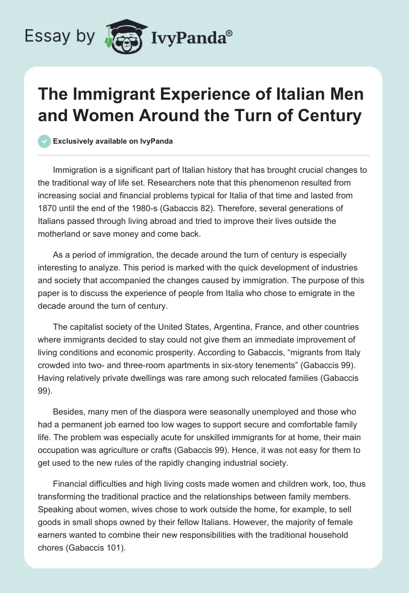 The Immigrant Experience of Italian Men and Women Around the Turn of Century. Page 1