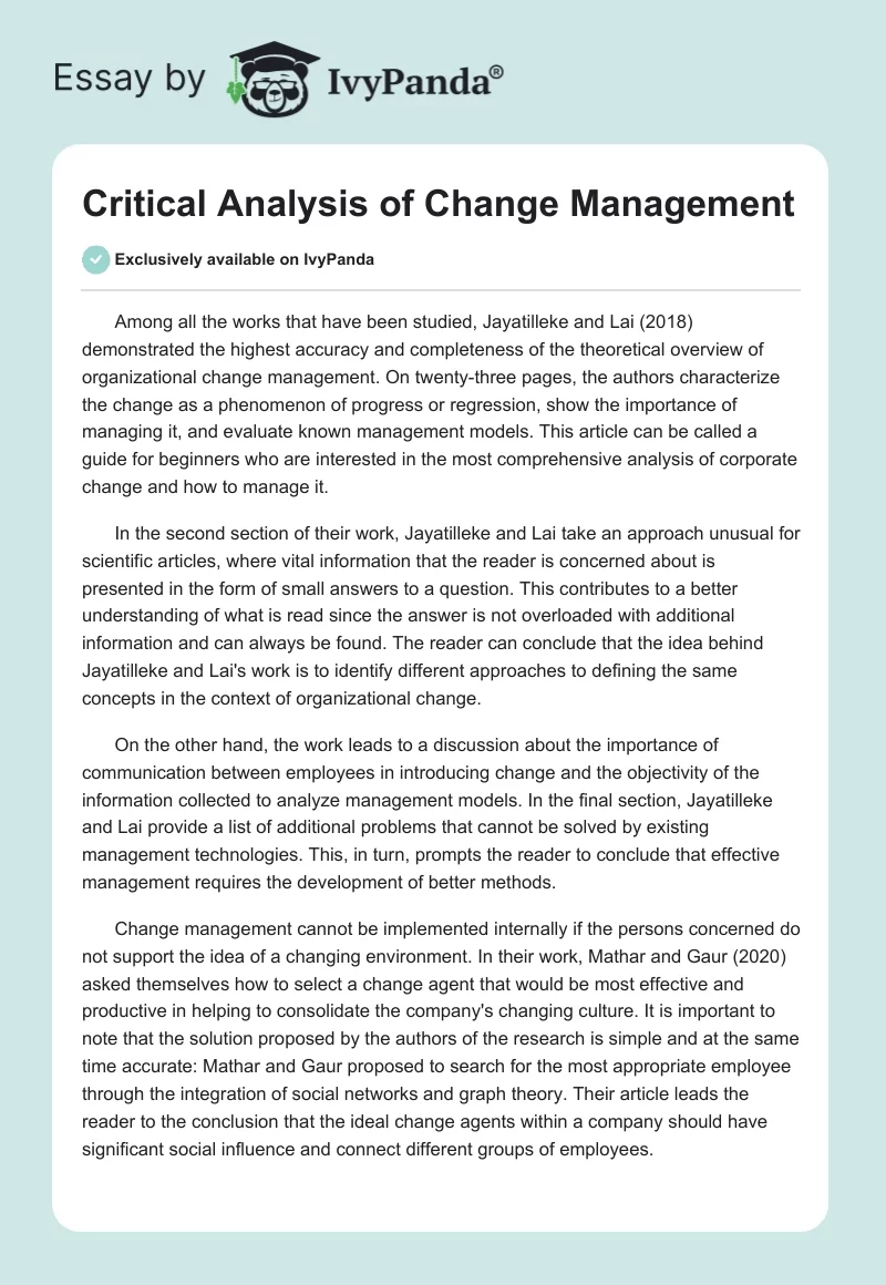 Critical Analysis of Change Management. Page 1