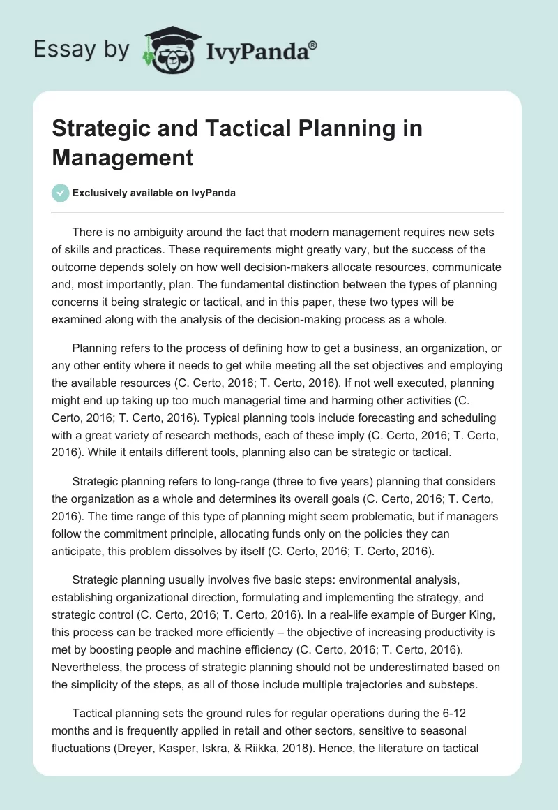 Strategic and Tactical Planning in Management. Page 1