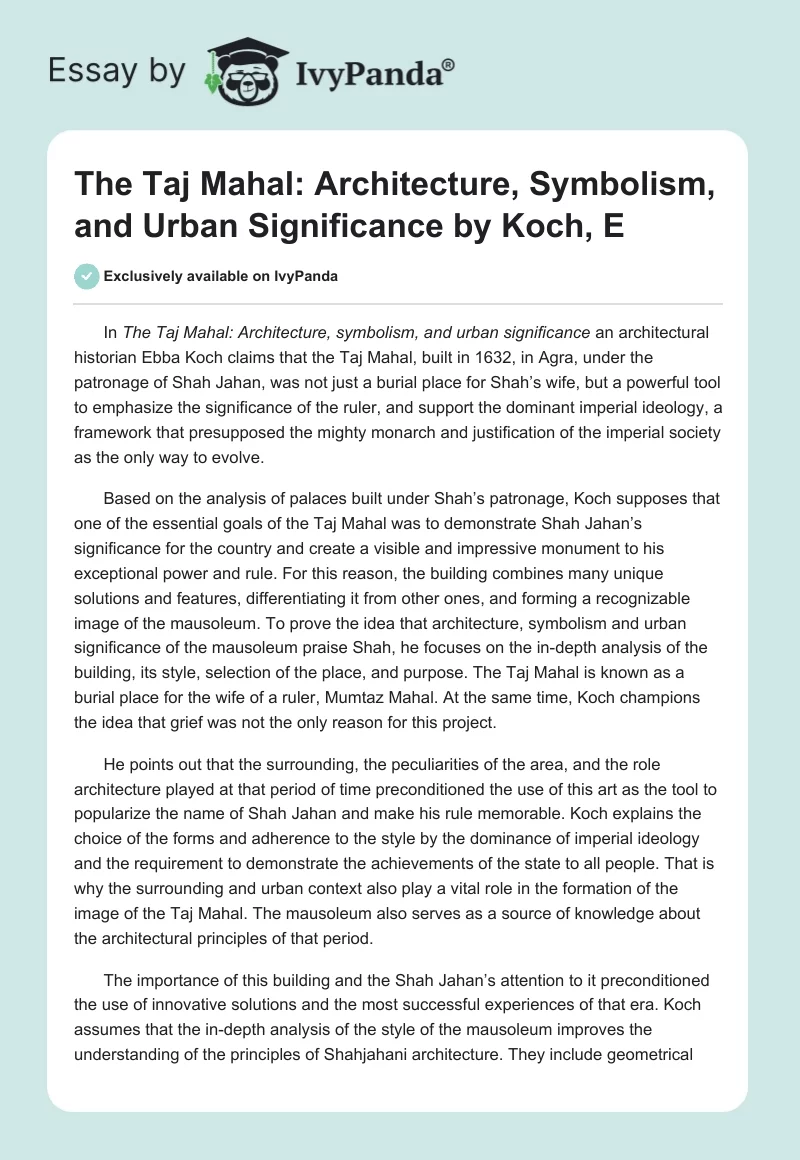 "The Taj Mahal: Architecture, Symbolism, and Urban Significance" by Koch, E. Page 1