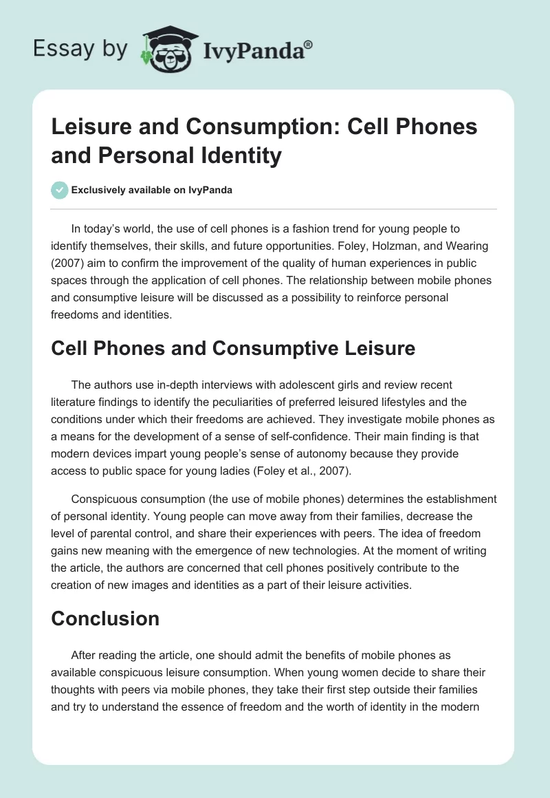 Leisure and Consumption: Cell Phones and Personal Identity. Page 1