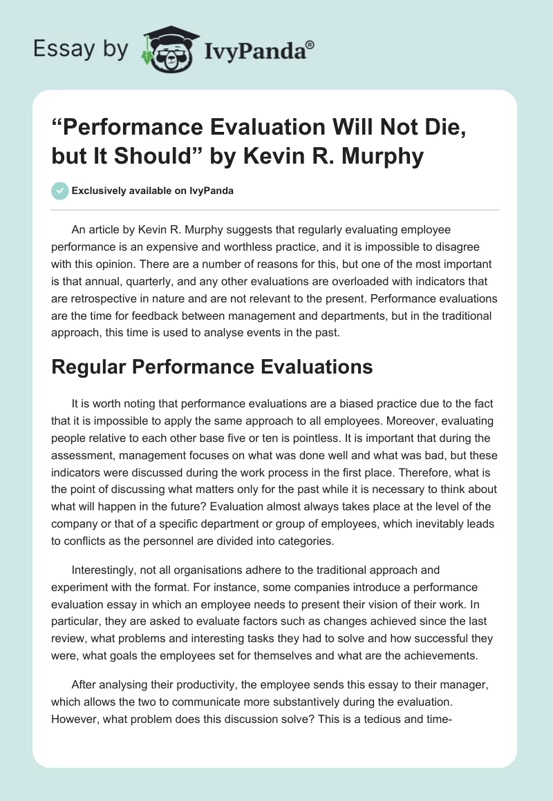 “Performance Evaluation Will Not Die, but It Should” by Kevin R. Murphy. Page 1