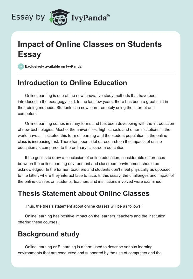 Impact of Online Classes on Students Essay. Page 1