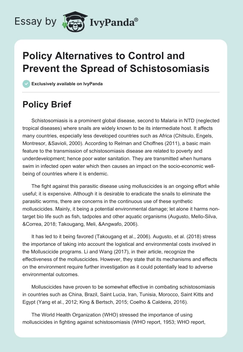 Policy Alternatives to Control and Prevent the Spread of Schistosomiasis. Page 1