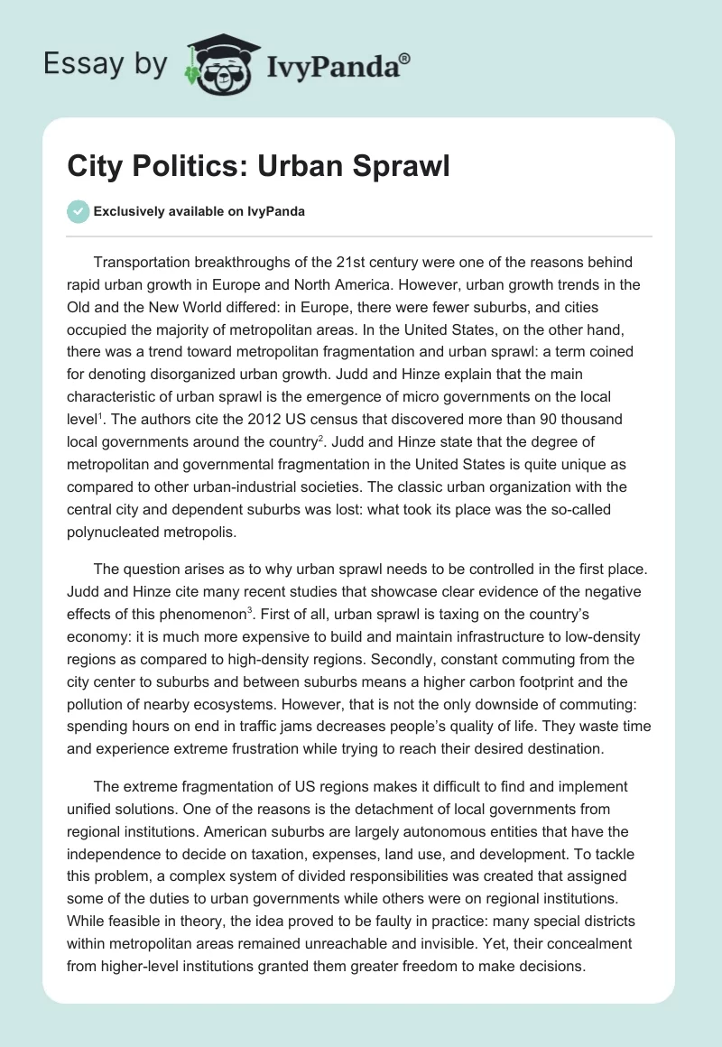 City Politics: Urban Sprawl. Page 1