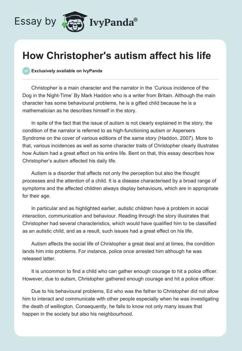 How Christopher’s Autism Affect His Life. Page 1