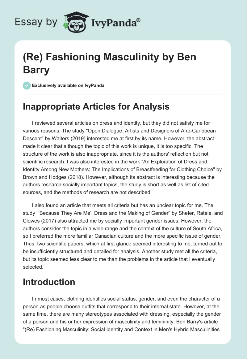 "(Re) Fashioning Masculinity" by Ben Barry. Page 1