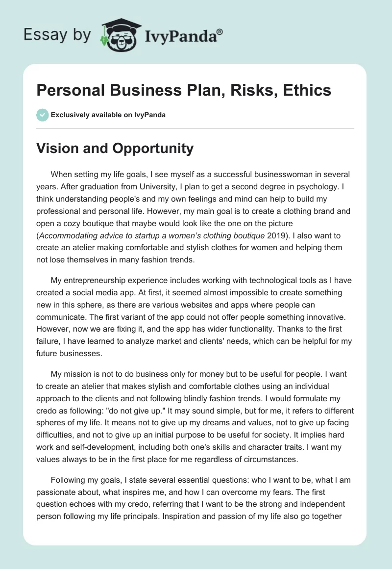 Personal Business Plan, Risks, Ethics. Page 1
