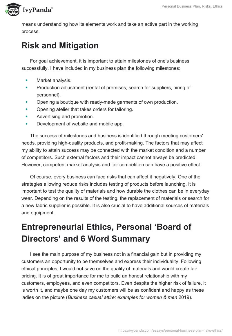 Personal Business Plan, Risks, Ethics. Page 3
