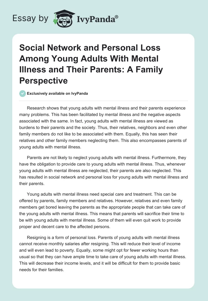 Social Network and Personal Loss Among Young Adults With Mental Illness and Their Parents: A Family Perspective. Page 1