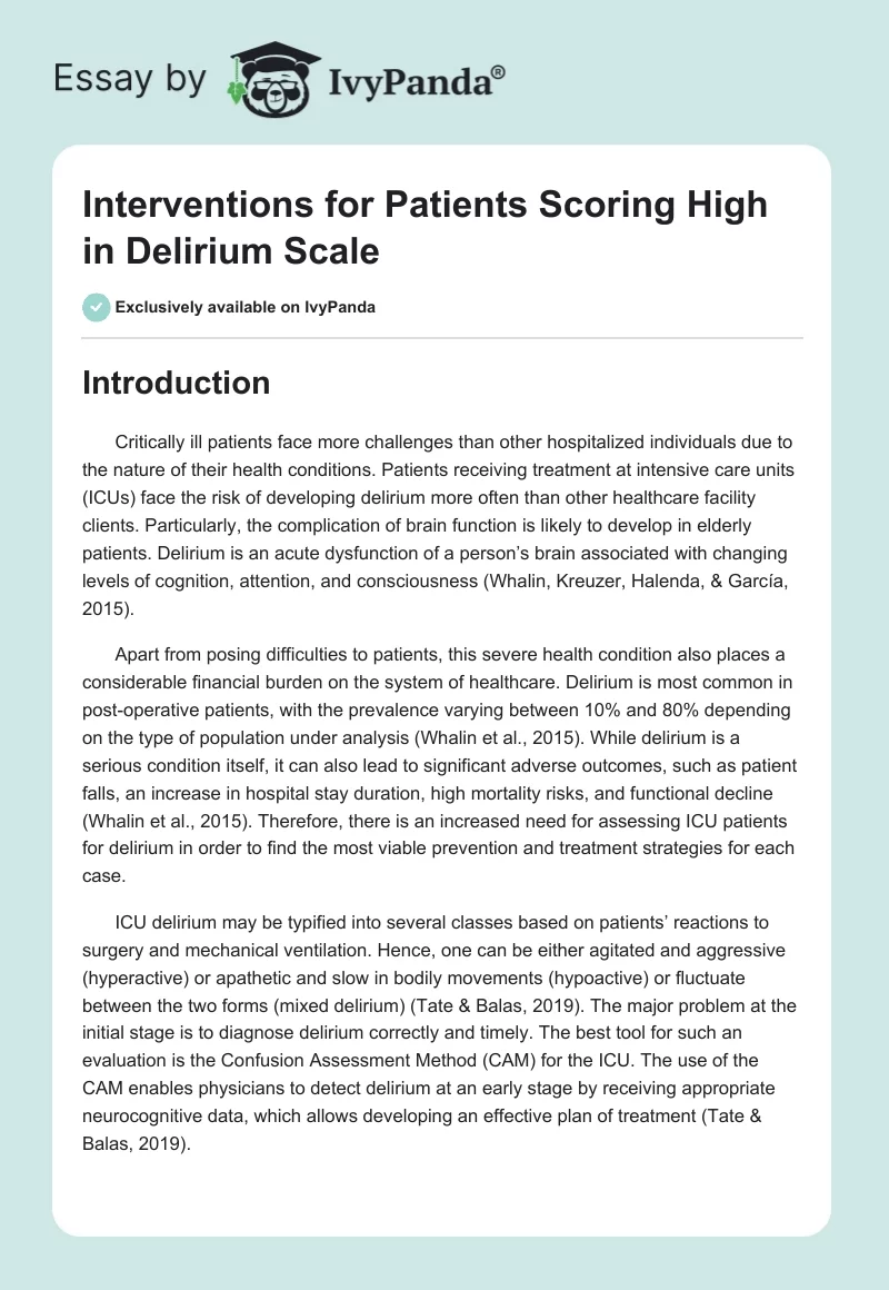 Interventions for Patients Scoring High in Delirium Scale. Page 1