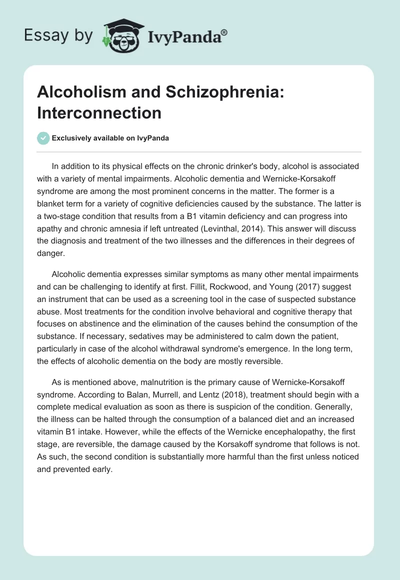 Alcoholism and Schizophrenia: Interconnection. Page 1
