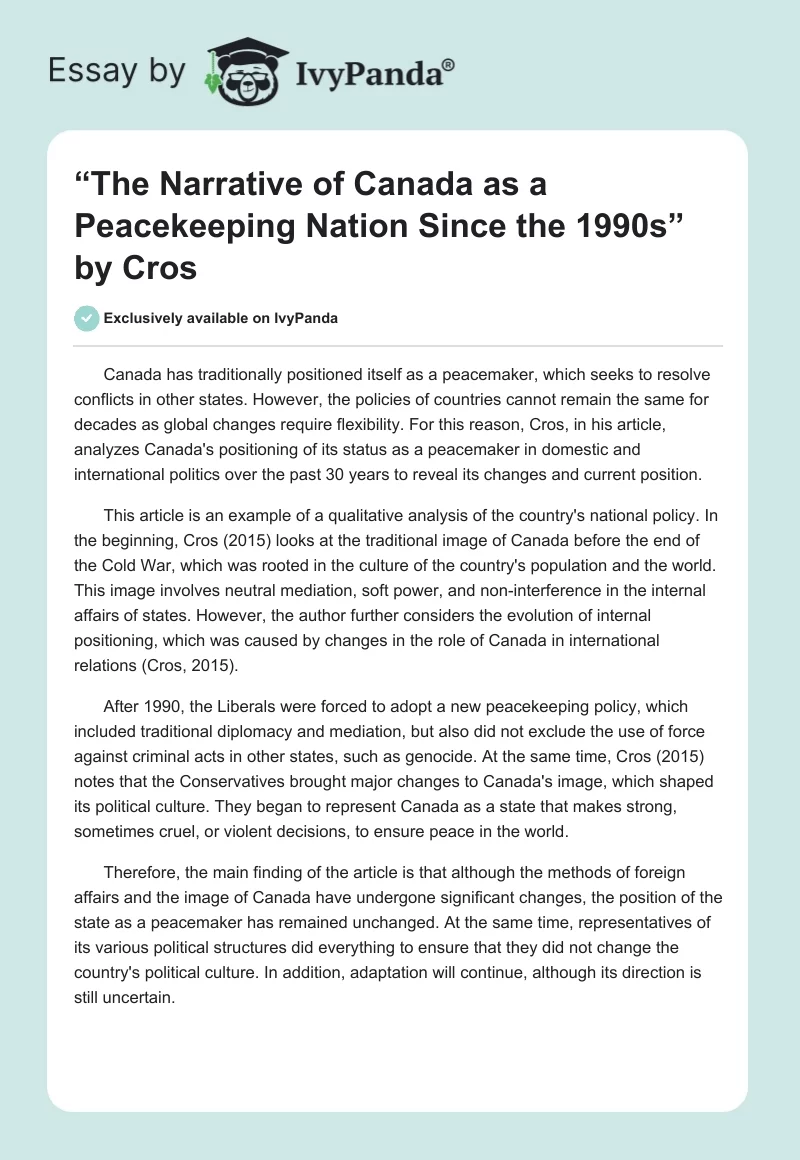 “The Narrative of Canada as a Peacekeeping Nation Since the 1990s” by Cros. Page 1